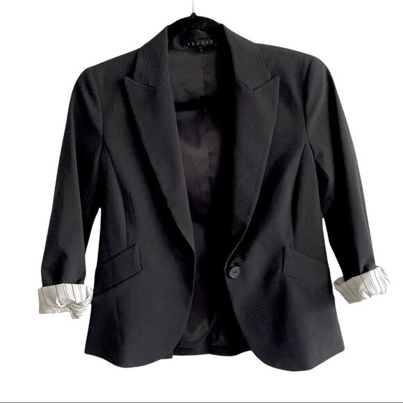 THEORY Black With Black Pinstripe Button Front Wool Blend Blazer Roll Sleeves 2 - Picture 1 of 11